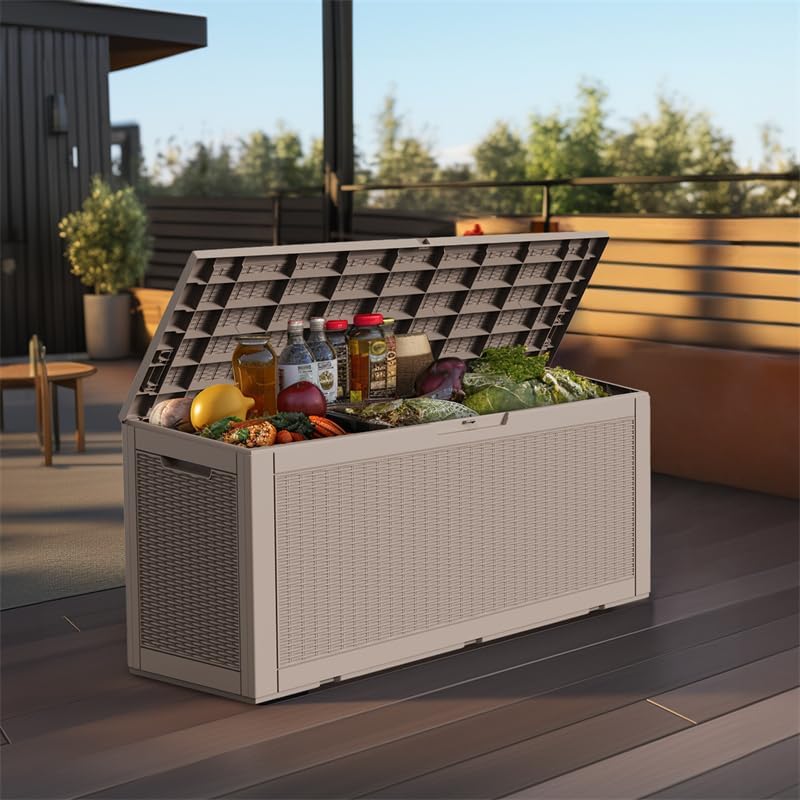 100 Gallon Resin Deck Box Outdoor Storage Box with Lockable Lid, Waterproof for Patio Cushions, Gardening Tools & Sports Equipment