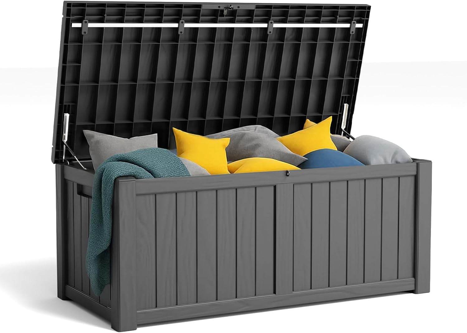 120 Gallon Resin Deck Box, Lockable Patio Outdoor Storage Box for Furniture, Garden Tools and Tools Storage, Waterproof Outside Storage Boxes