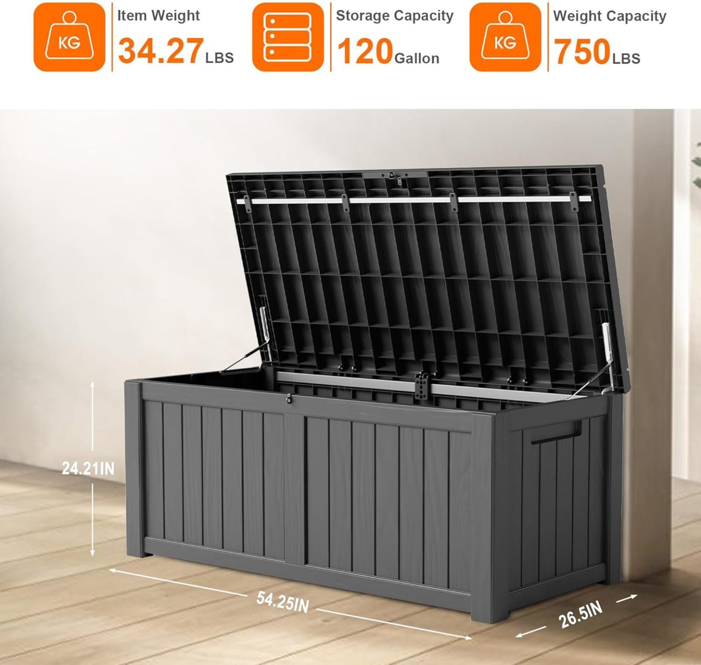 120 Gallon Resin Deck Box, Lockable Patio Outdoor Storage Box for Furniture, Garden Tools and Tools Storage, Waterproof Outside Storage Boxes