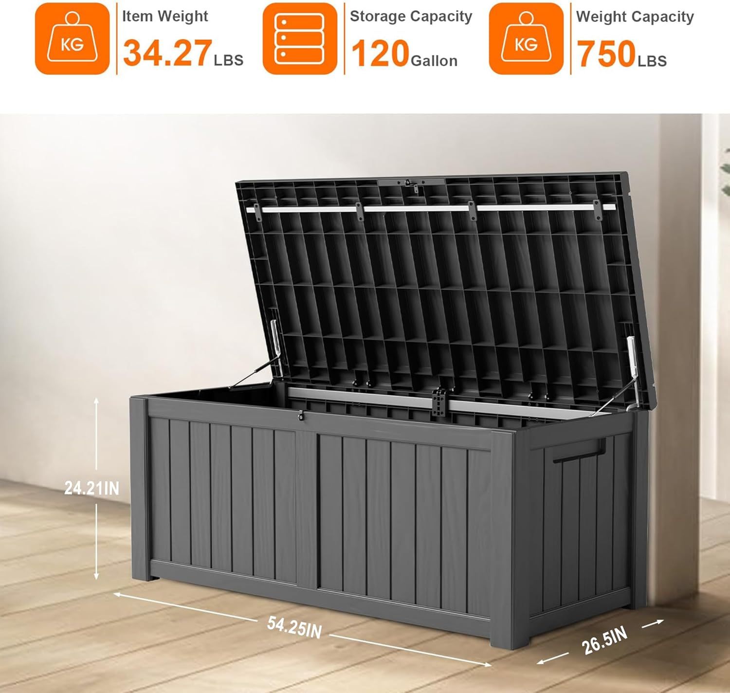 120 Gallon Resin Deck Box, Lockable Patio Outdoor Storage Box for Furniture, Garden Tools and Tools Storage, Waterproof Outside Storage Boxes