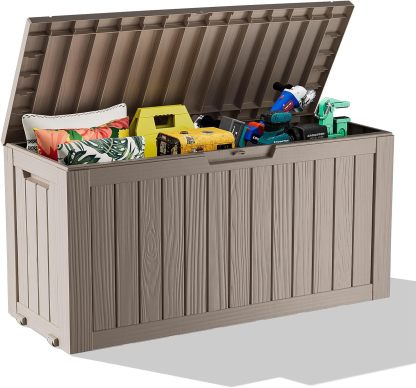 75 Gallon Resin Deck Box, Lockable Patio Outdoor Storage Box for Furniture, Garden Tools and Tools Storage, Waterproof Outside Storage Boxes
