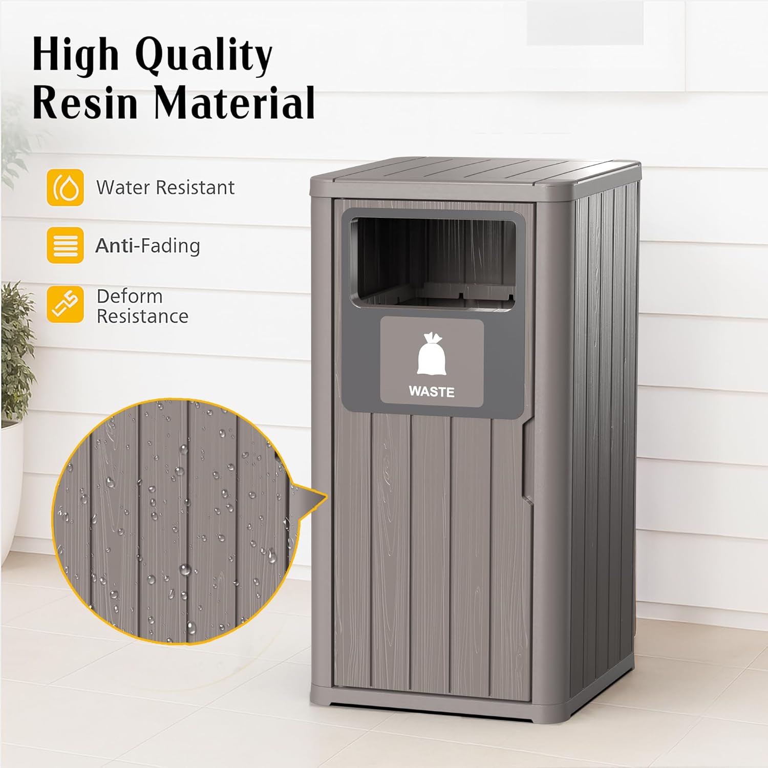Waterproof Resin Garbage Can with Garbage Labels, Durable Waste Bin for Porch, Backyard, Kitchen, for 30 to 39 Gallon Trash Bags