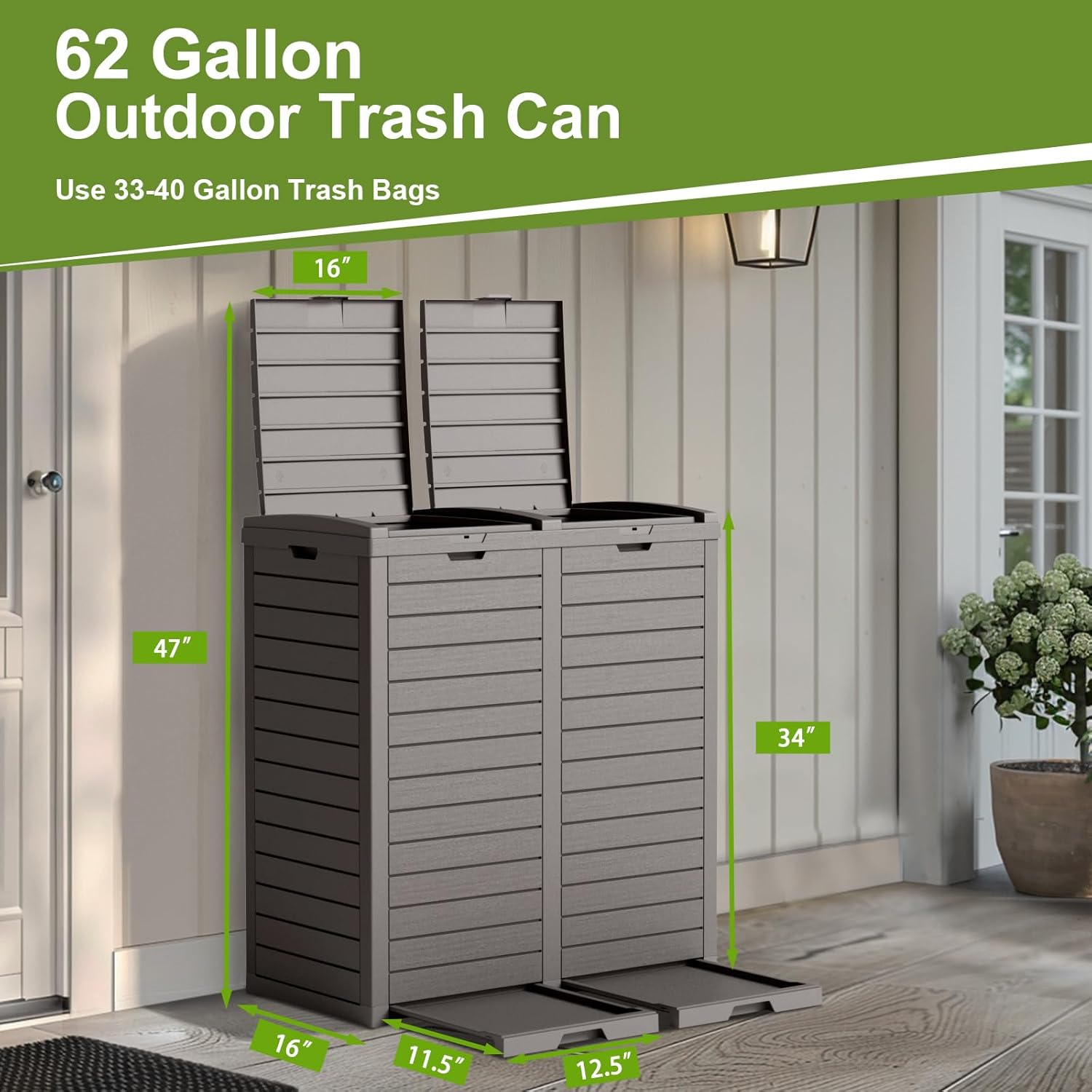 62 Gallon Outdoor Double Trash Can, Waterproof Trash Can Cabinet for Outside, Resin Garbage Bin with Lid and Drip Tray for Easy Cleaning for Patios