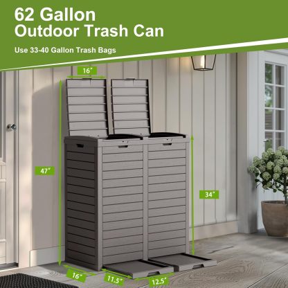 62 Gallon Outdoor Double Trash Can, Waterproof Trash Can Cabinet for Outside, Resin Garbage Bin with Lid and Drip Tray for Easy Cleaning for Patios