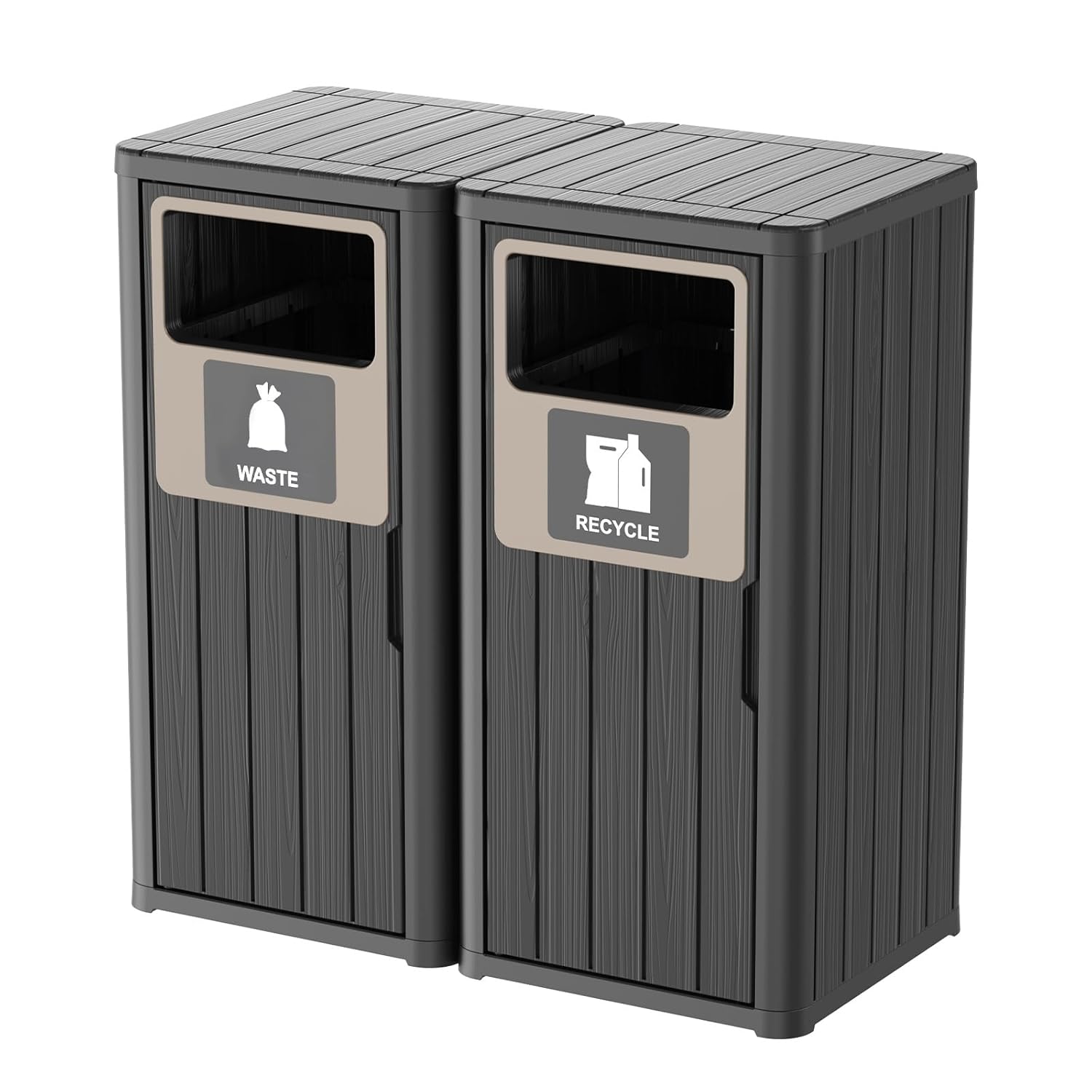 Waterproof Resin Garbage Can with Garbage Labels, Durable Waste Bin for Porch, Backyard, Kitchen, for 30 to 39 Gallon Trash Bags