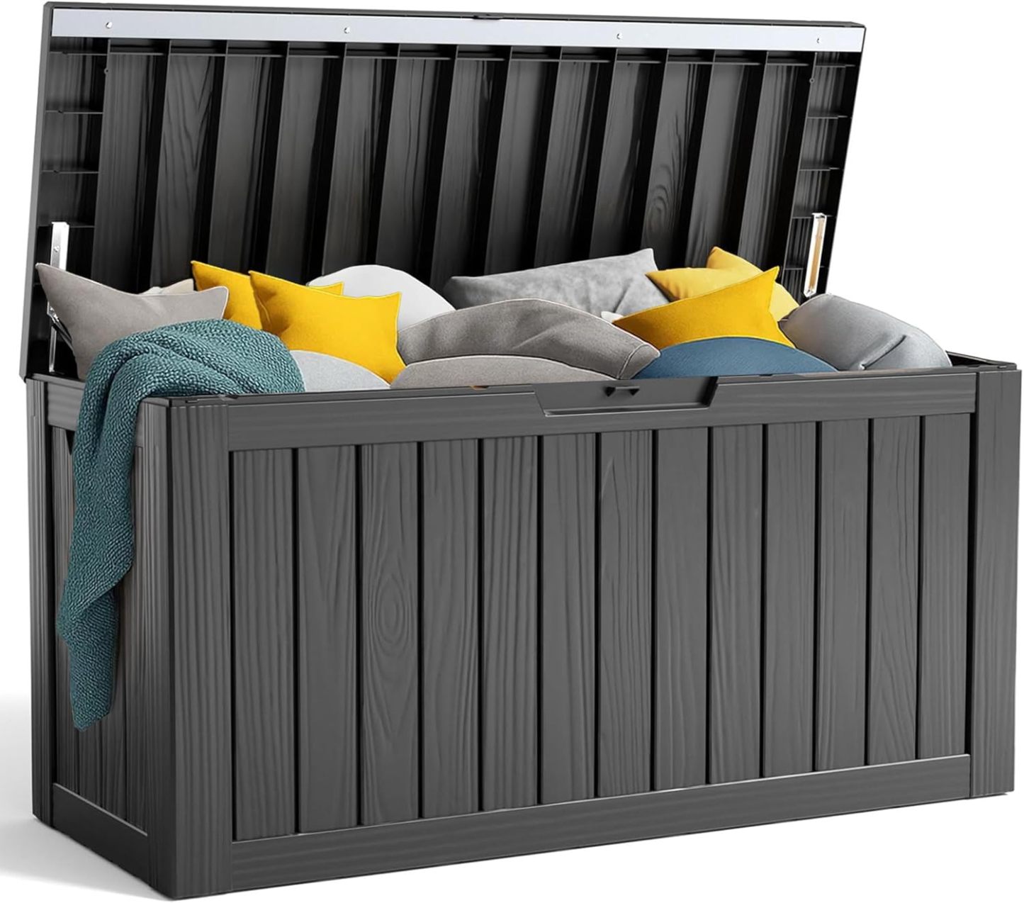 90 Gallon Resin Deck Box, Lockable Patio Outdoor Storage Box for Furniture, Garden Tools and Tools Storage, Waterproof Outside Storage Boxes