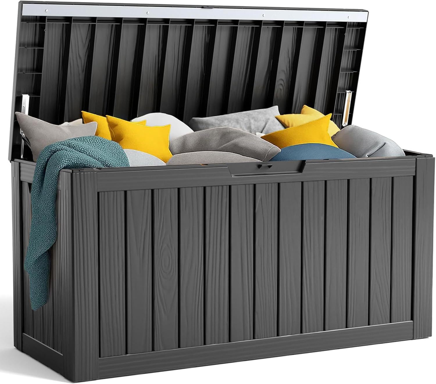 90 Gallon Resin Deck Box, Lockable Patio Outdoor Storage Box for Furniture, Garden Tools and Tools Storage, Waterproof Outside Storage Boxes