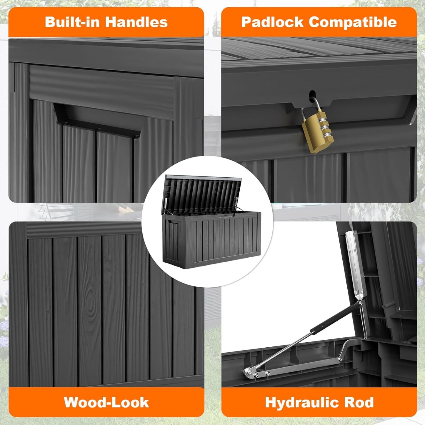 90 Gallon Resin Deck Box, Lockable Patio Outdoor Storage Box for Furniture, Garden Tools and Tools Storage, Waterproof Outside Storage Boxes