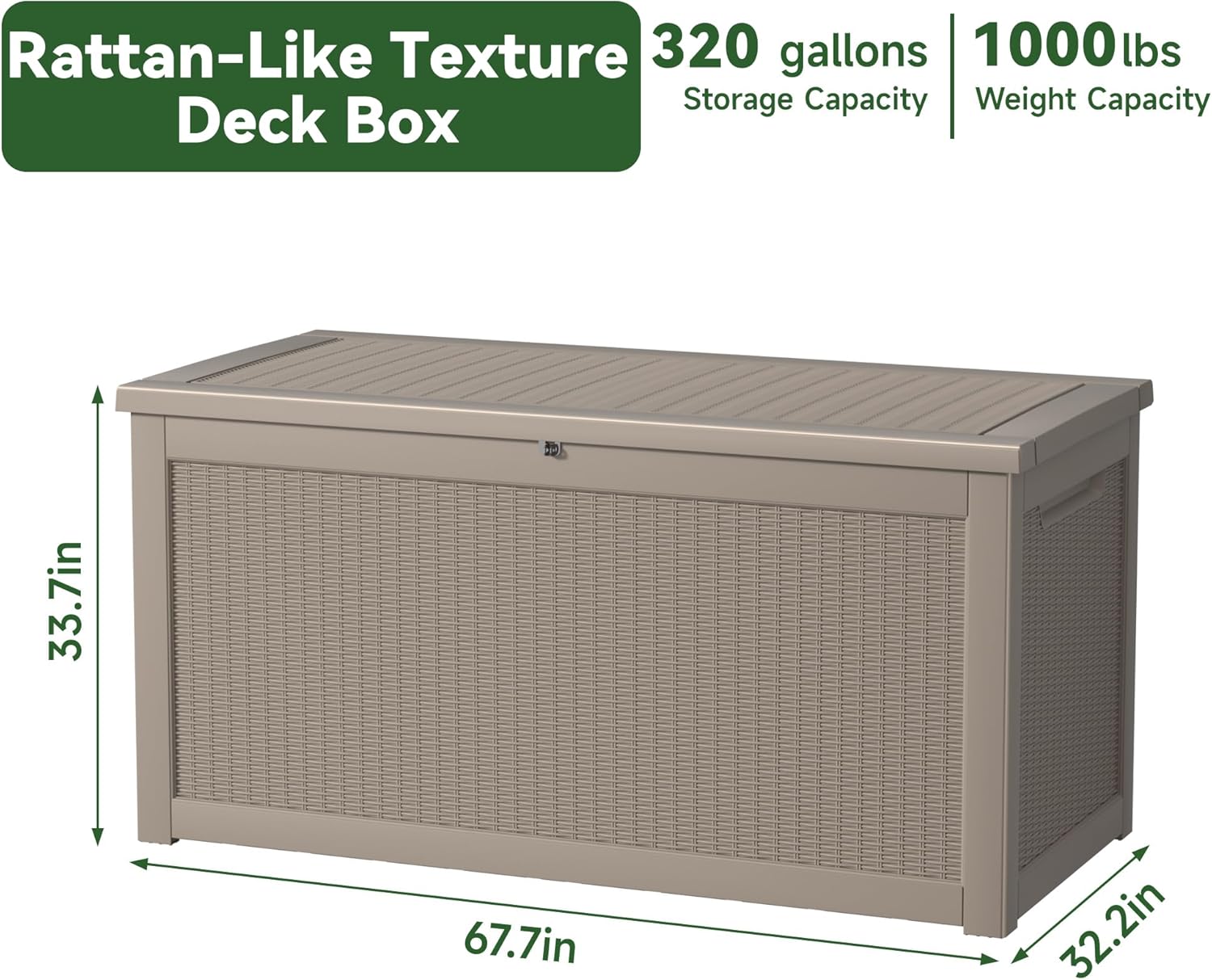 320 Gallon Resin Deck Box, Lockable Patio Outdoor Storage Box for Furniture, Garden Tools and Tools Storage, Waterproof Outside Storage Boxes