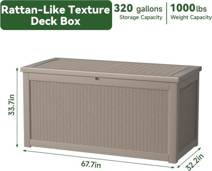 320 Gallon Resin Deck Box, Lockable Patio Outdoor Storage Box for Furniture, Garden Tools and Tools Storage, Waterproof Outside Storage Boxes