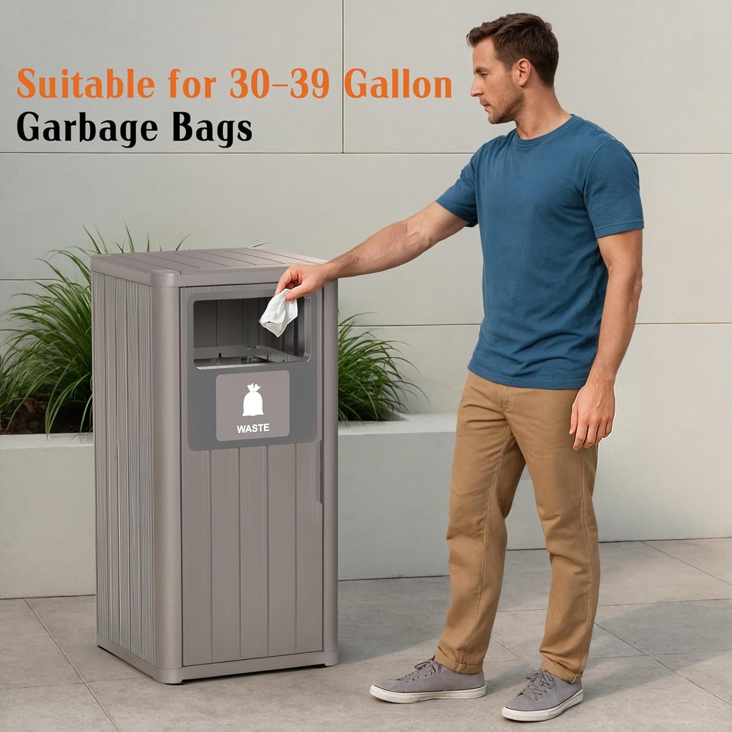 Waterproof Resin Garbage Can with Garbage Labels, Durable Waste Bin for Porch, Backyard, Kitchen, for 30 to 39 Gallon Trash Bags