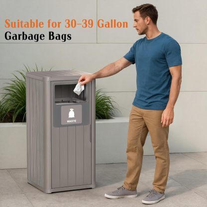 Waterproof Resin Garbage Can with Garbage Labels, Durable Waste Bin for Porch, Backyard, Kitchen, for 30 to 39 Gallon Trash Bags