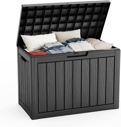 Outside Resin Deck Box Lockable for Patio Cushions Storage, Garden Tools, Pool Supplies