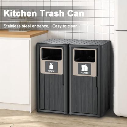 Waterproof Resin Garbage Can with Garbage Labels, Durable Waste Bin for Porch, Backyard, Kitchen, for 30 to 39 Gallon Trash Bags