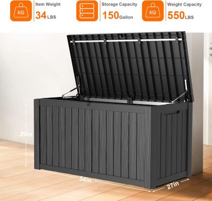 150 Gallon Resin Deck Box Outdoor Storage Box with Lockable Lid, Waterproof for Patio Cushions
