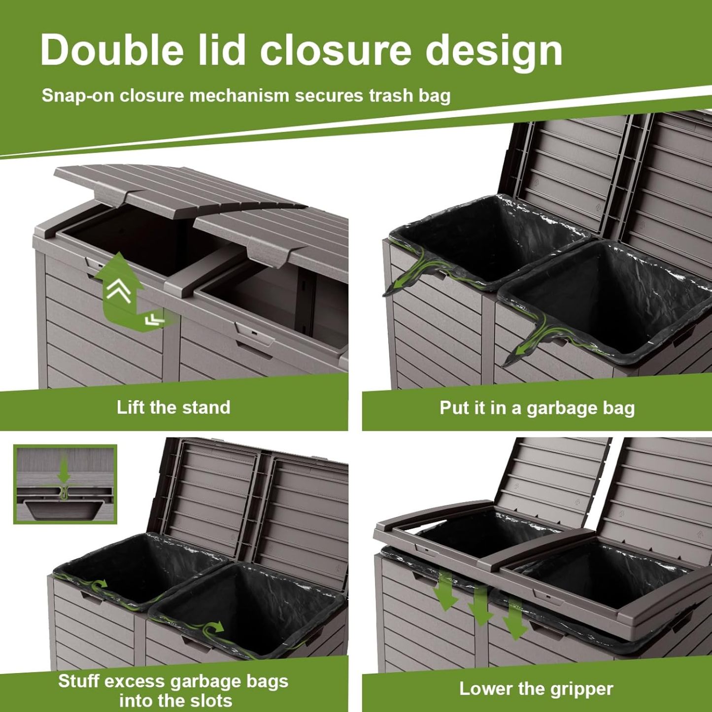 62 Gallon Outdoor Double Trash Can, Waterproof Trash Can Cabinet for Outside, Resin Garbage Bin with Lid and Drip Tray for Easy Cleaning for Patios