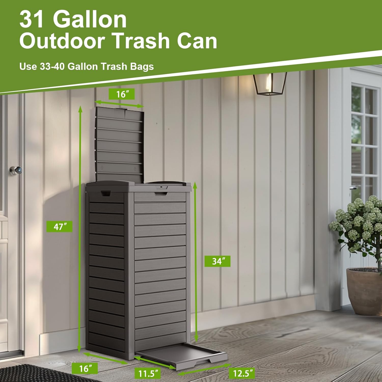 31 Gallon Outdoor Trash Can, Waterproof Trash Can Cabinet for Outside, Resin Garbage Bin with Lid and Drip Tray for Easy Cleaning for Patios