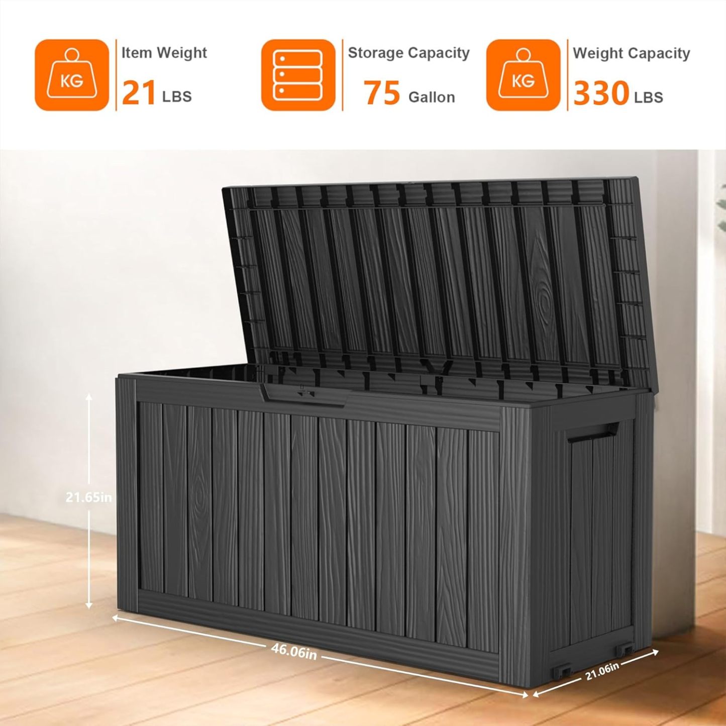 75 Gallon Resin Deck Box, Lockable Patio Outdoor Storage Box for Furniture, Garden Tools and Tools Storage, Waterproof Outside Storage Boxes