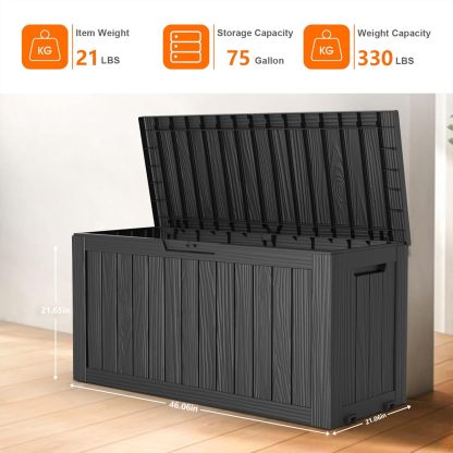 75 Gallon Resin Deck Box, Lockable Patio Outdoor Storage Box for Furniture, Garden Tools and Tools Storage, Waterproof Outside Storage Boxes