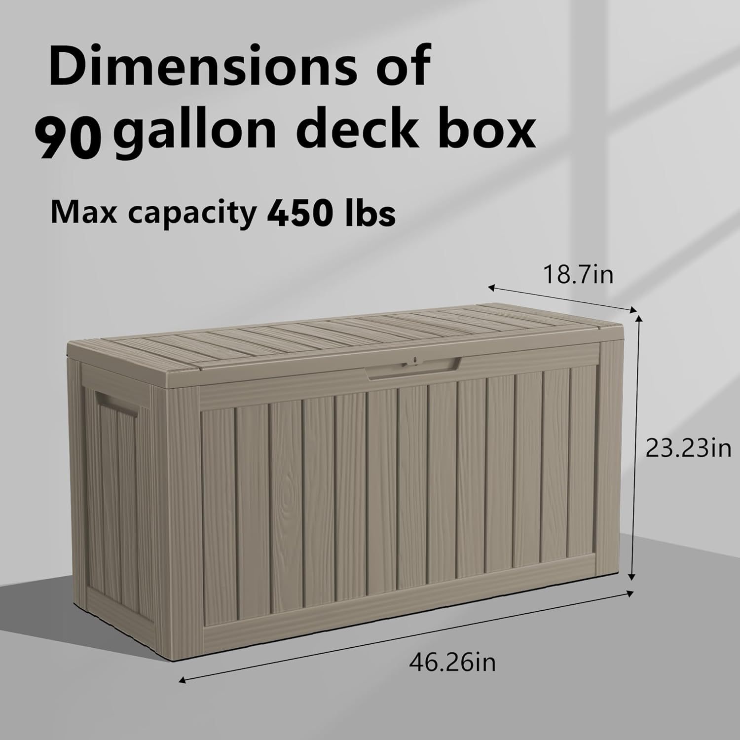 90 Gallon Resin Deck Box, Lockable Patio Outdoor Storage Box for Furniture, Garden Tools and Tools Storage, Waterproof Outside Storage Boxes