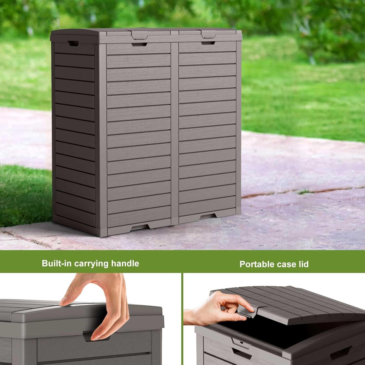 62 Gallon Outdoor Double Trash Can, Waterproof Trash Can Cabinet for Outside, Resin Garbage Bin with Lid and Drip Tray for Easy Cleaning for Patios