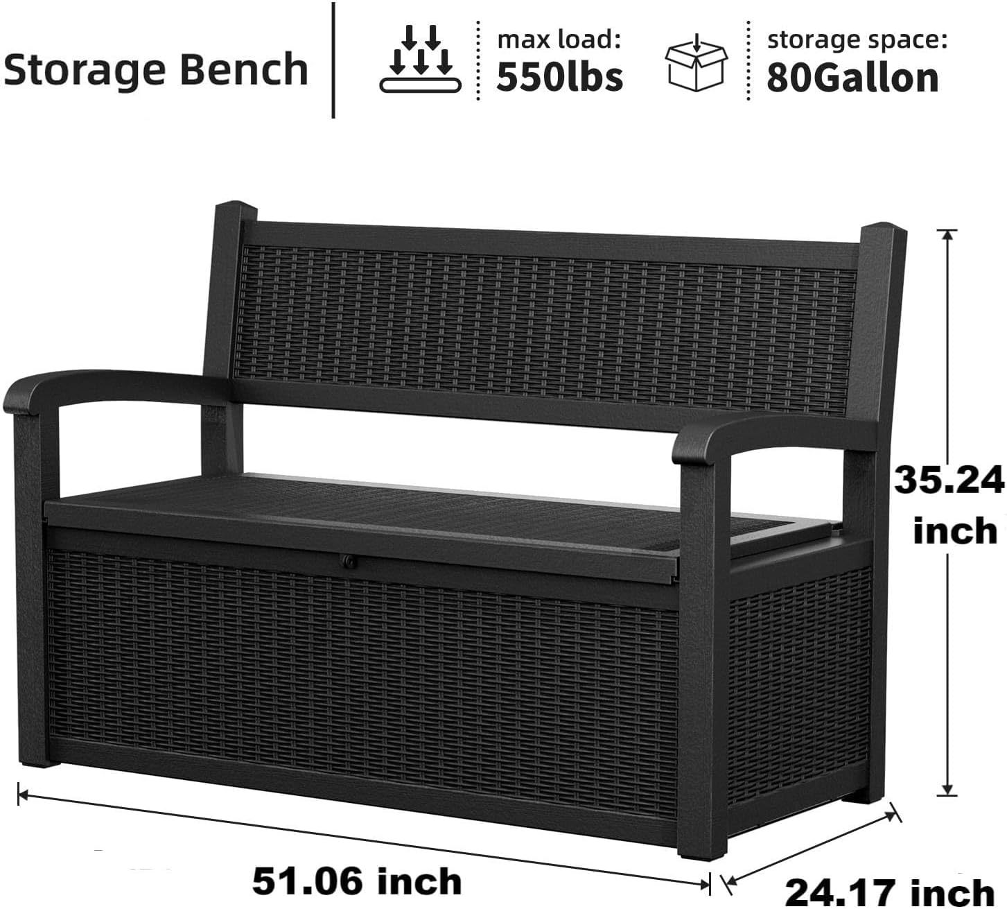 80 Gallon Outdoor Storage Bench Deck Box Waterproof Lockable, Outdoor Storage Furniture for Patio, Garden and Porch, Tools and Cushions