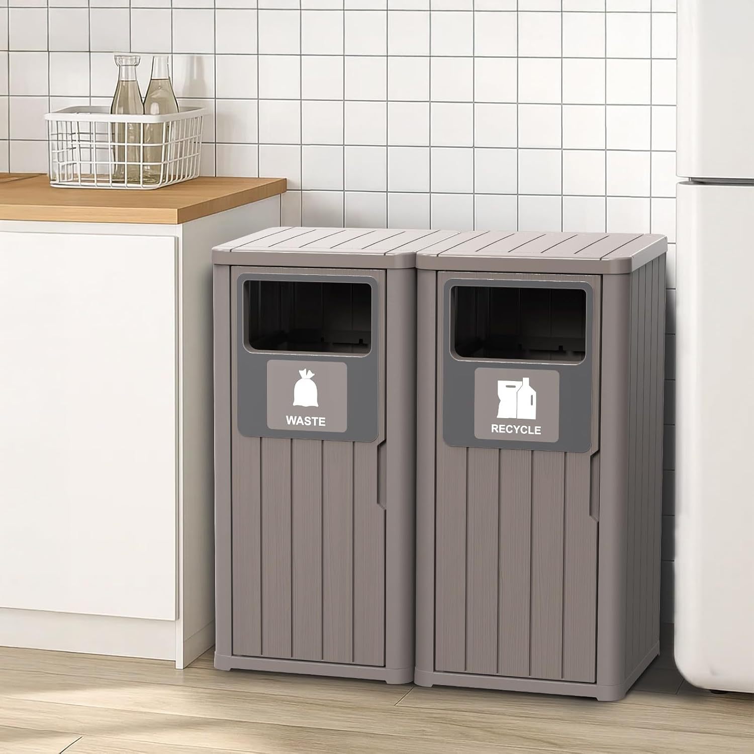 Waterproof Resin Garbage Can with Garbage Labels, Durable Waste Bin for Porch, Backyard, Kitchen, for 30 to 39 Gallon Trash Bags