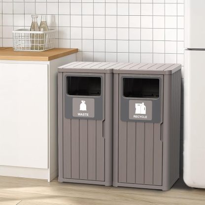Waterproof Resin Garbage Can with Garbage Labels, Durable Waste Bin for Porch, Backyard, Kitchen, for 30 to 39 Gallon Trash Bags