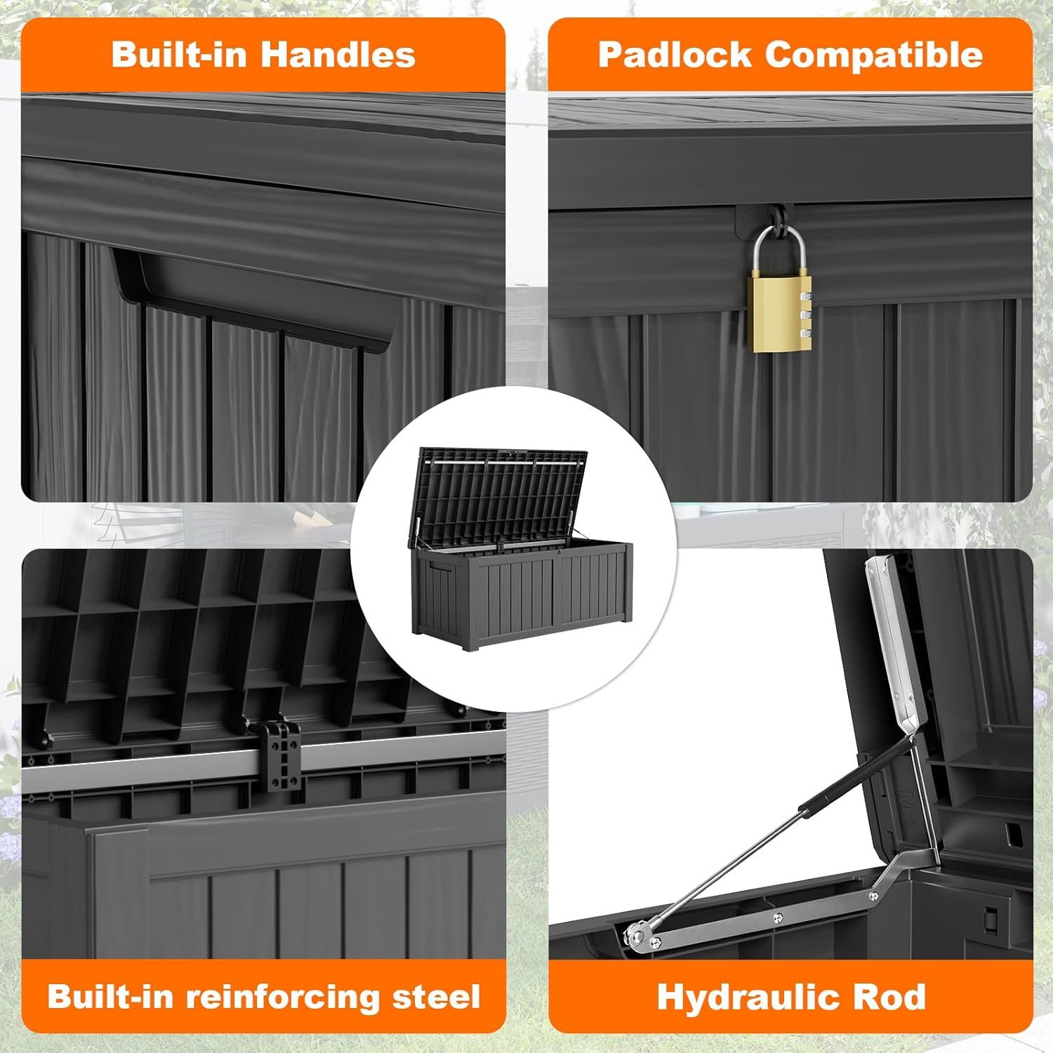 120 Gallon Resin Deck Box, Lockable Patio Outdoor Storage Box for Furniture, Garden Tools and Tools Storage, Waterproof Outside Storage Boxes