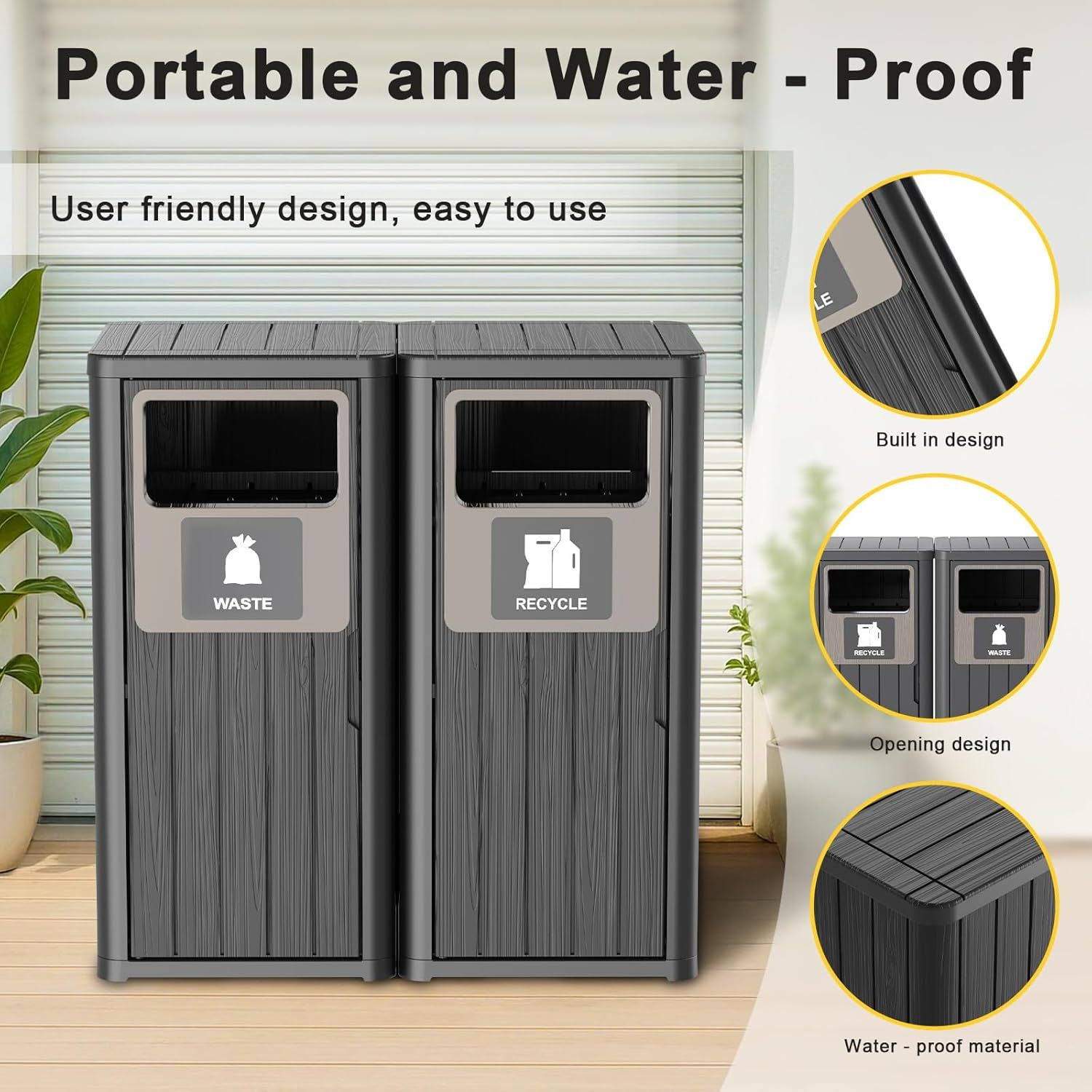 Waterproof Resin Garbage Can with Garbage Labels, Durable Waste Bin for Porch, Backyard, Kitchen, for 30 to 39 Gallon Trash Bags