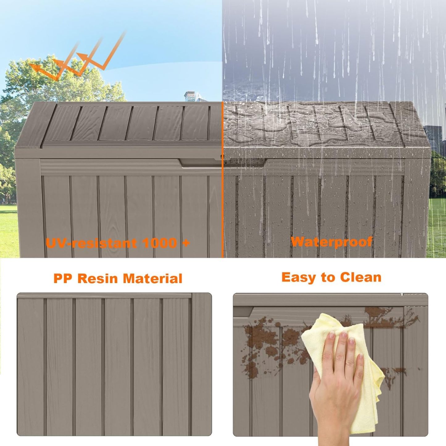 90 Gallon Resin Deck Box, Lockable Patio Outdoor Storage Box for Furniture, Garden Tools and Tools Storage, Waterproof Outside Storage Boxes