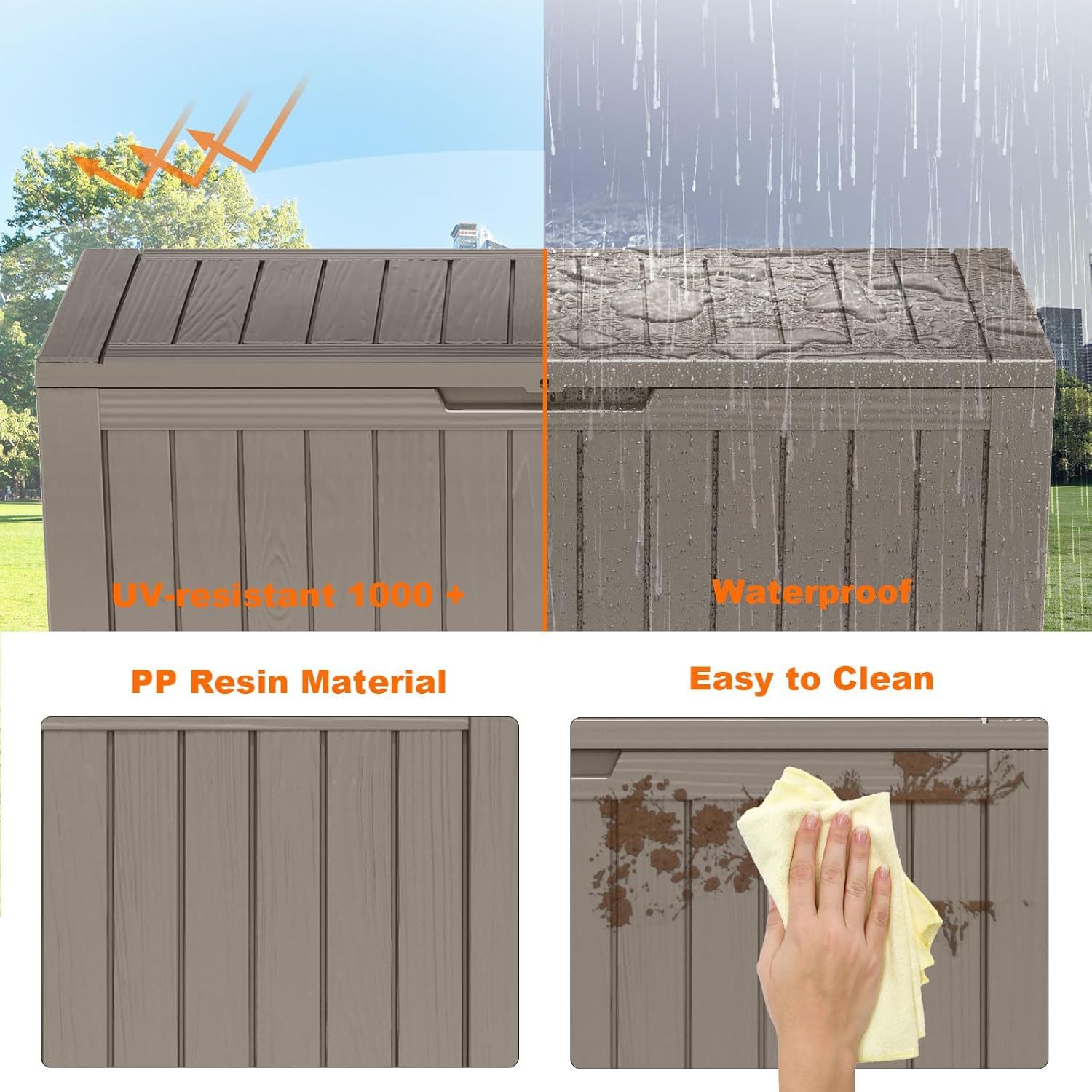 90 Gallon Resin Deck Box, Lockable Patio Outdoor Storage Box for Furniture, Garden Tools and Tools Storage, Waterproof Outside Storage Boxes
