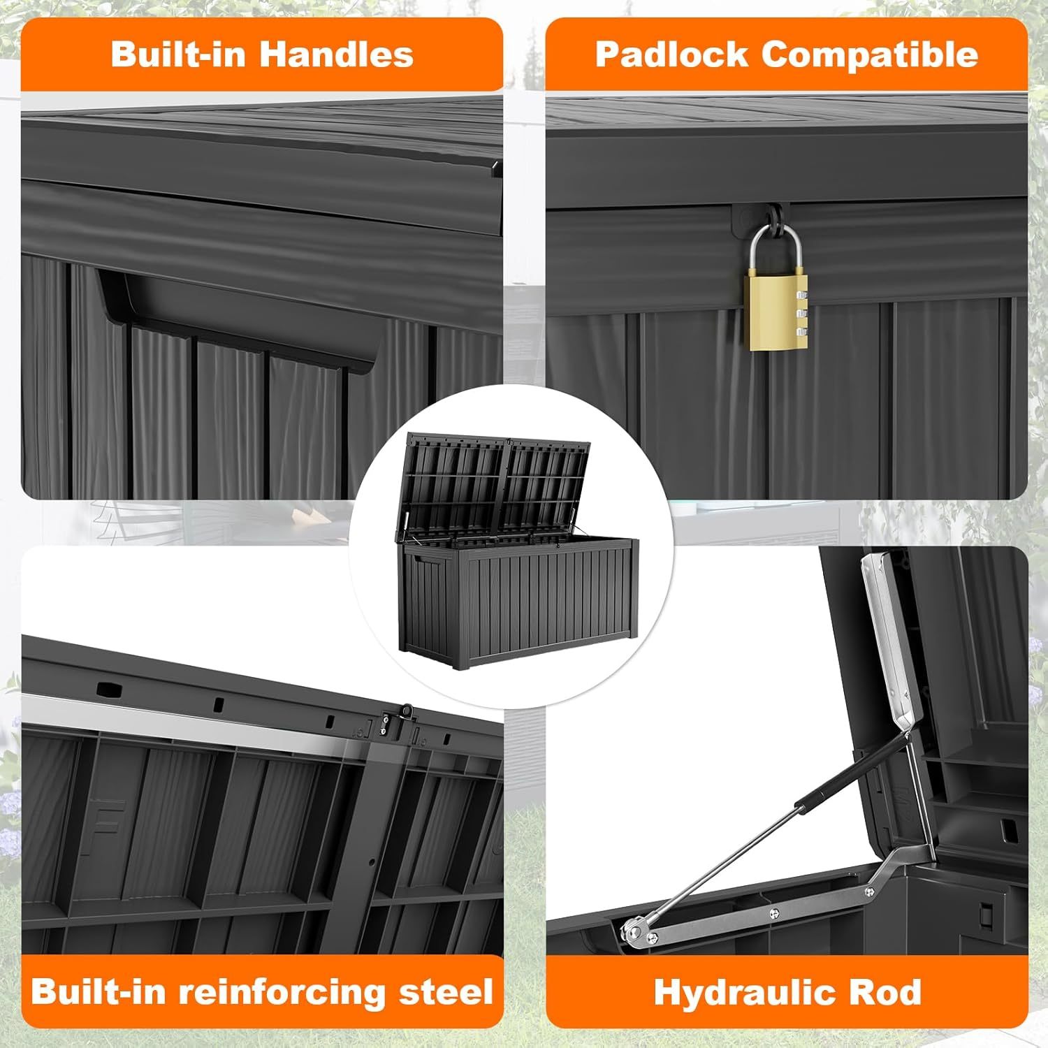 180 Gallon Resin Deck Box, Lockable Patio Outdoor Storage Box for Furniture, Garden Tools and Tools Storage, Waterproof Outside Storage Boxes