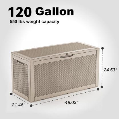 120 Gallon Resin Deck Box, Lockable Patio Outdoor Storage Box for Furniture, Garden Tools and Tools Storage, Waterproof Outside Storage Boxes