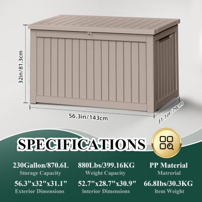 230 Gallon Resin Deck Box Outdoor Storage Box with Lockable Lid, Waterproof for Patio Cushions