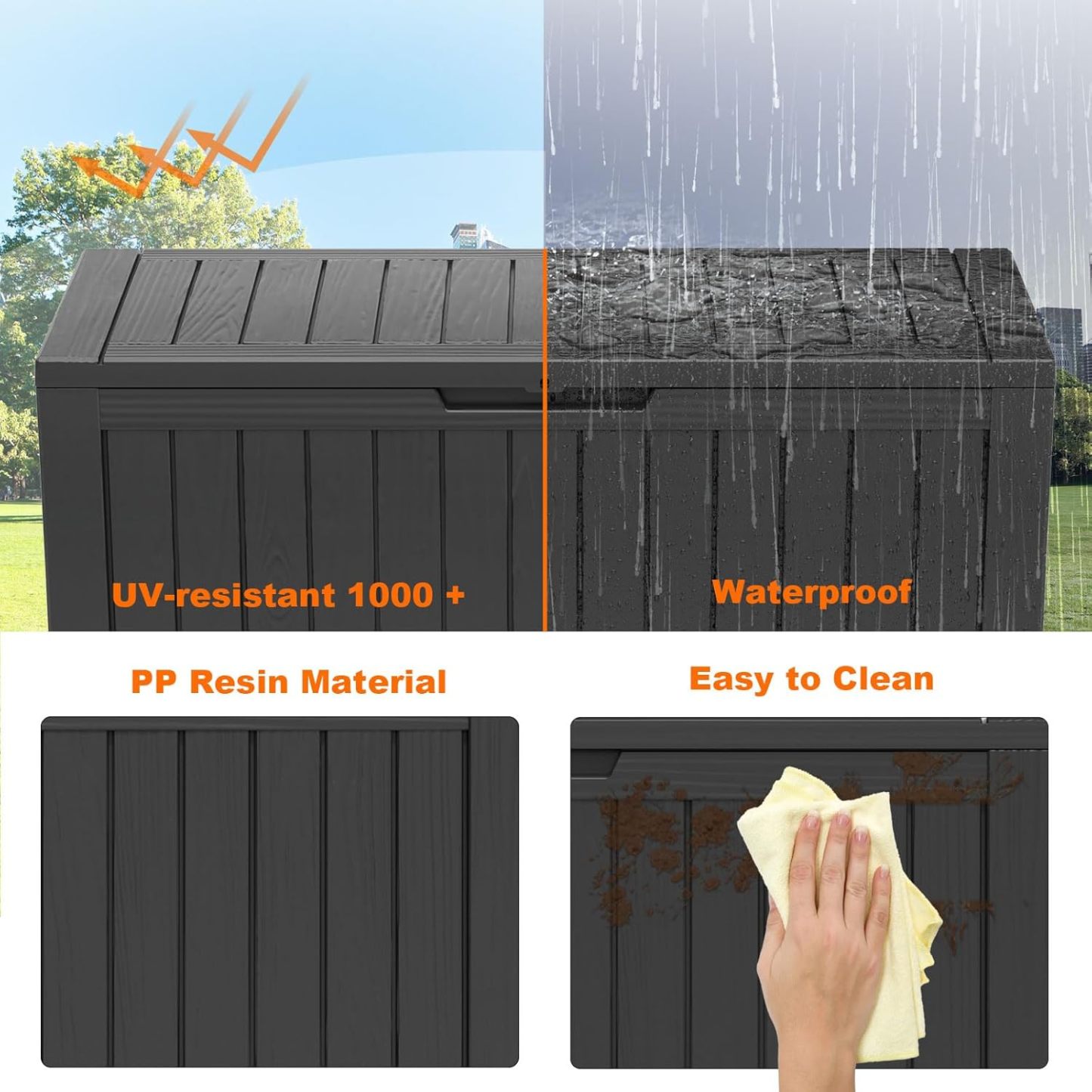 90 Gallon Resin Deck Box, Lockable Patio Outdoor Storage Box for Furniture, Garden Tools and Tools Storage, Waterproof Outside Storage Boxes
