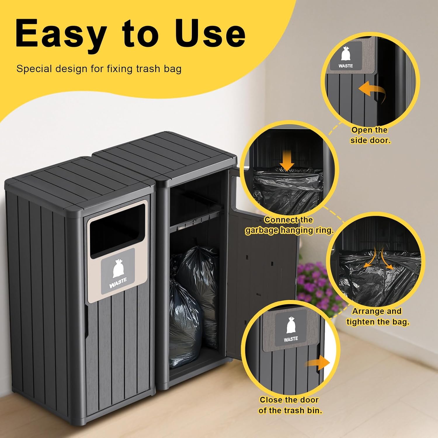 Waterproof Resin Garbage Can with Garbage Labels, Durable Waste Bin for Porch, Backyard, Kitchen, for 30 to 39 Gallon Trash Bags