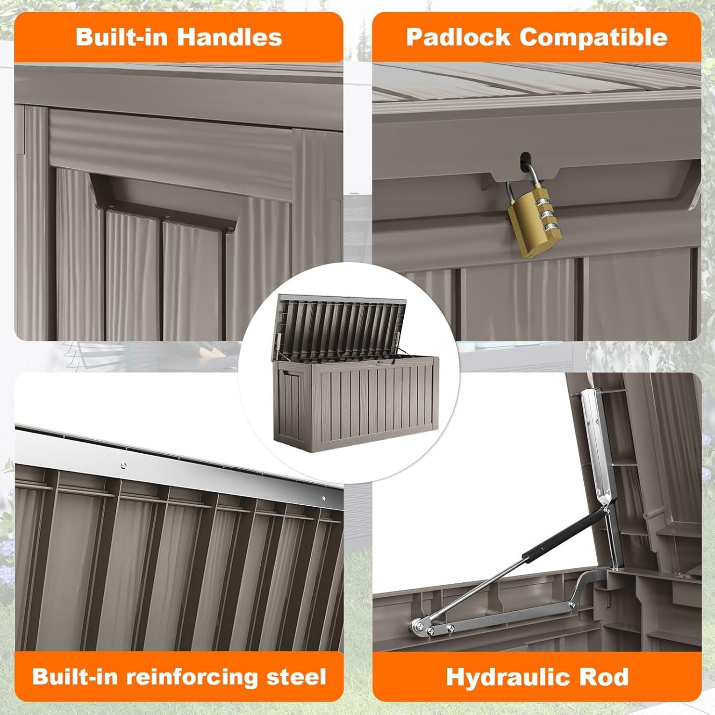 Outside Resin Deck Box Lockable for Patio Cushions Storage, Garden Tools, Pool Supplies