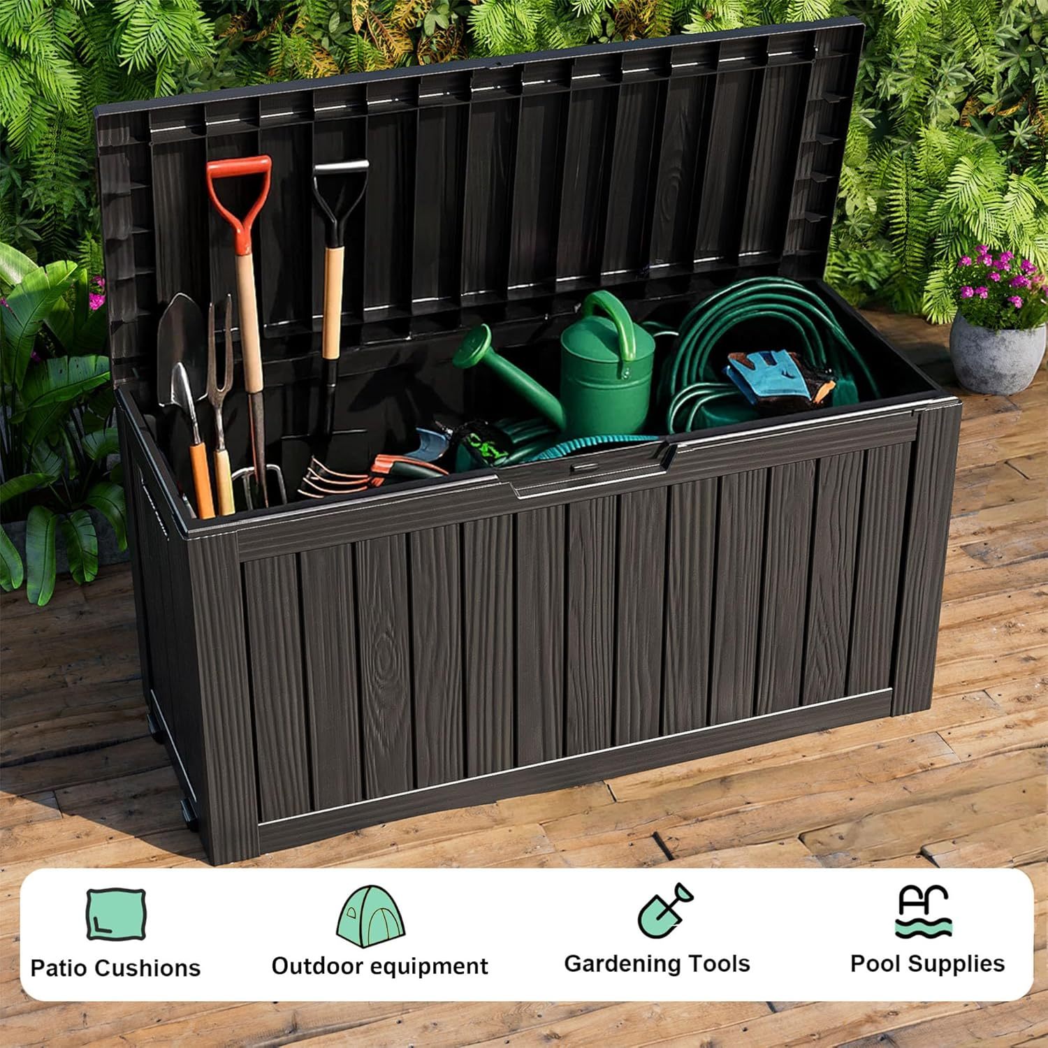 Outside Resin Deck Box Lockable for Patio Cushions Storage, Garden Tools, Pool Supplies