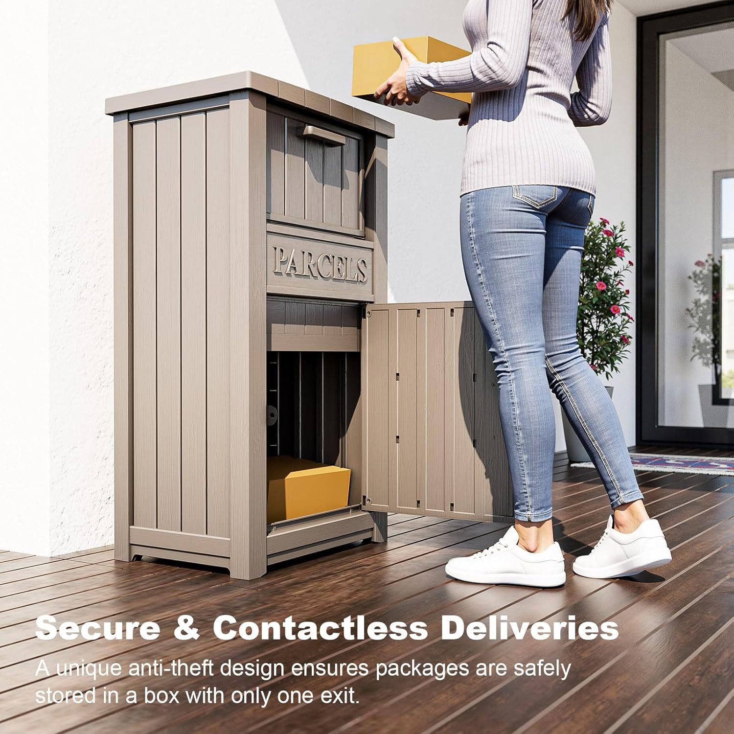 Lockable Outdoor Storage Box, Large Double -Wall Resin Package Delivery Waterproof Deck Box for Porch