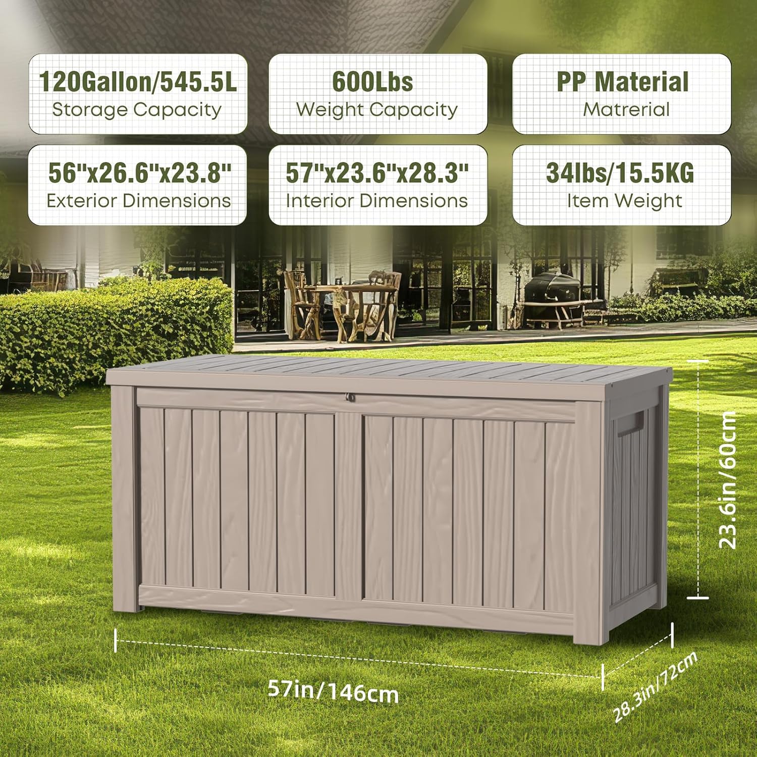 120 Gallon Resin Deck Box Outdoor Storage Box with Lockable Lid, Waterproof for Patio Cushions, Gardening Tools & Exercise Equipment