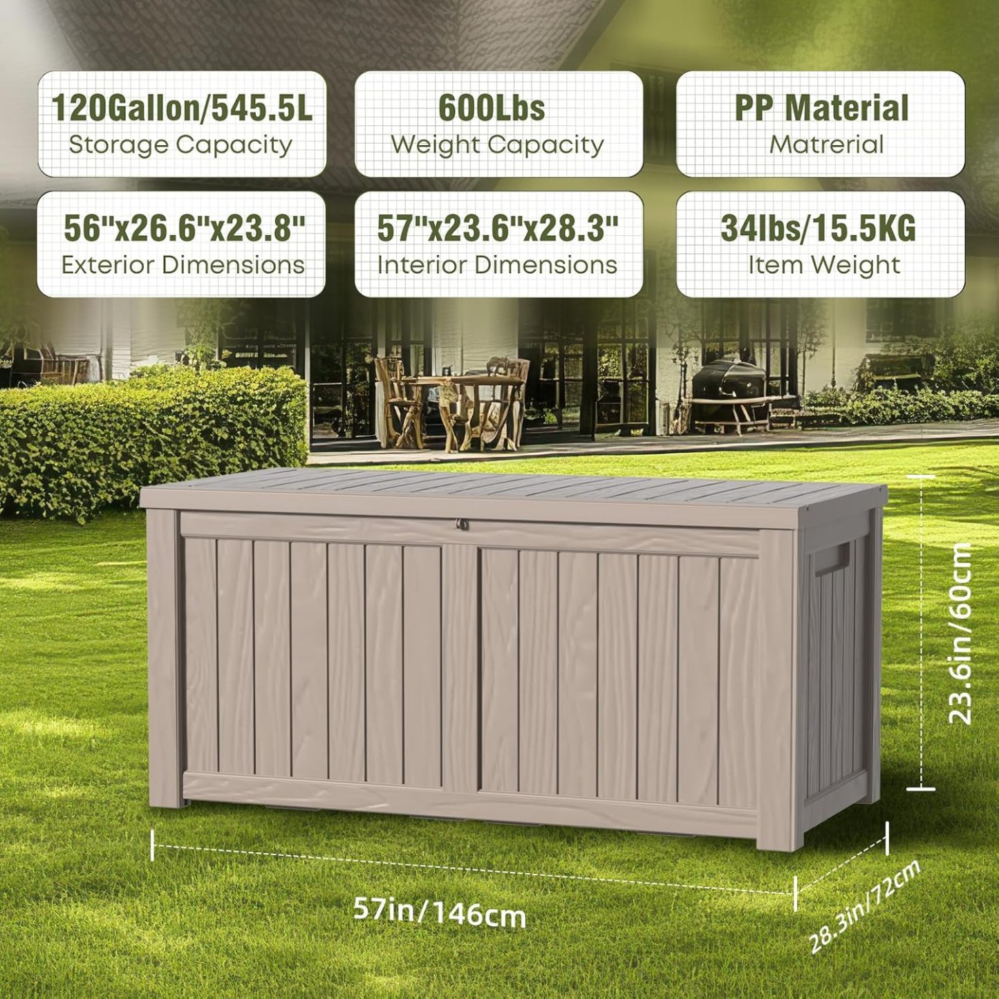 120 Gallon Resin Deck Box Outdoor Storage Box with Lockable Lid, Waterproof for Patio Cushions, Gardening Tools & Exercise Equipment