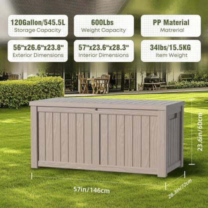 120 Gallon Resin Deck Box Outdoor Storage Box with Lockable Lid, Waterproof for Patio Cushions, Gardening Tools & Exercise Equipment