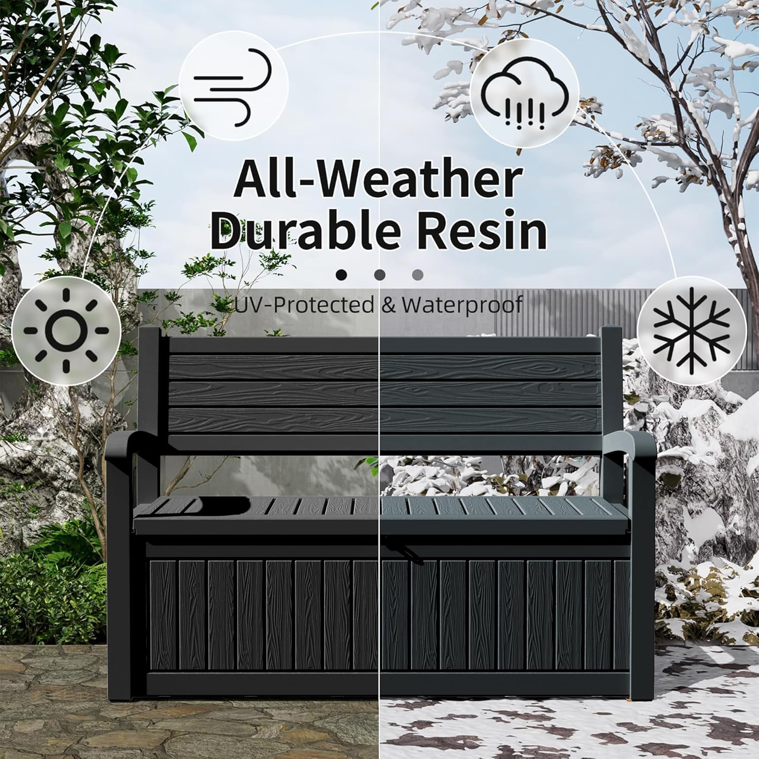 80 Gallon Outdoor Storage Bench Deck Box Waterproof Lockable, Outdoor Storage Furniture for Patio, Garden and Porch, Tools and Cushions