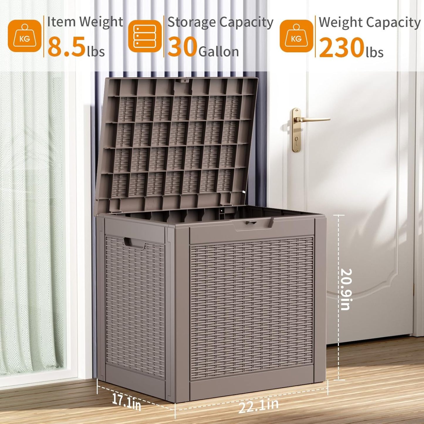 30 Gallon Resin Deck Box, Lockable Patio Outdoor Storage Box for Furniture, Garden Tools and Tools Storage, Waterproof Outside Storage Boxes