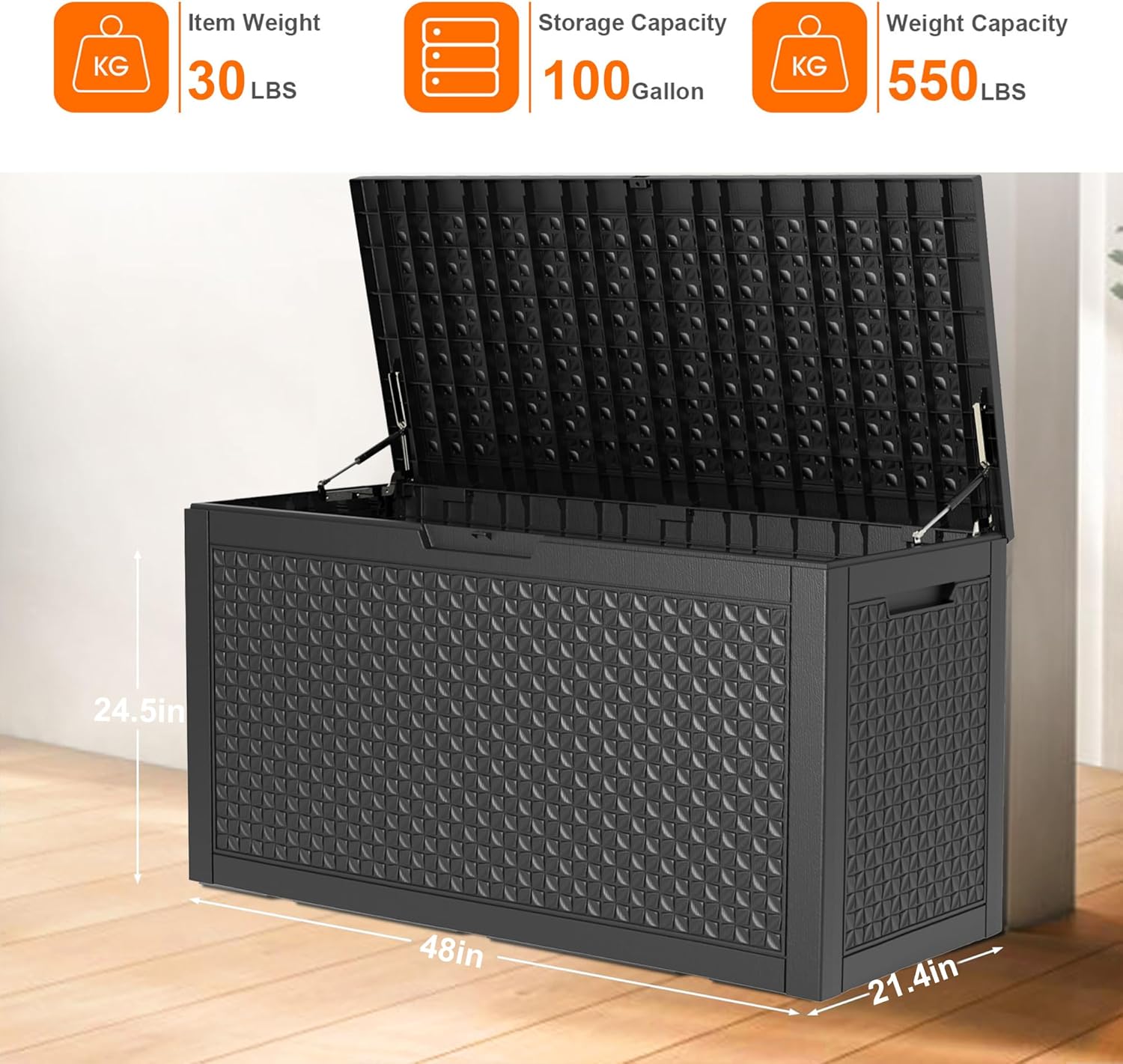 100 Gallon Resin Deck Box Outdoor Storage Box with Lockable Lid, Waterproof for Patio Cushions