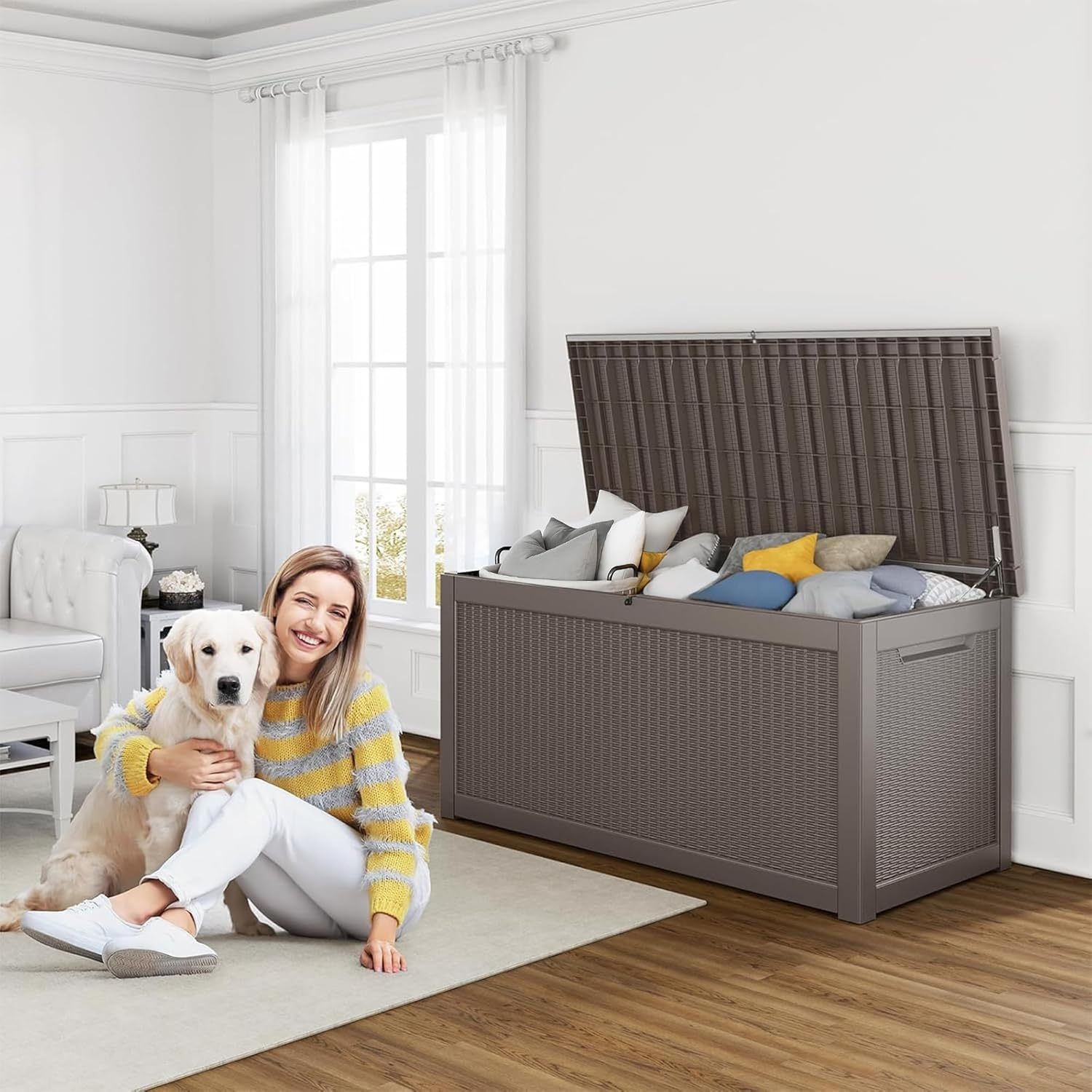 320 Gallon Resin Deck Box, Lockable Patio Outdoor Storage Box for Furniture, Garden Tools and Tools Storage, Waterproof Outside Storage Boxes