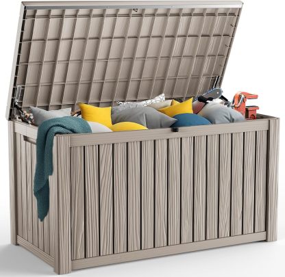 200 Gallon Resin Deck Box, Lockable Patio Outdoor Storage Box for Furniture, Garden Tools and Tools Storage, Waterproof Outside Storage Boxes