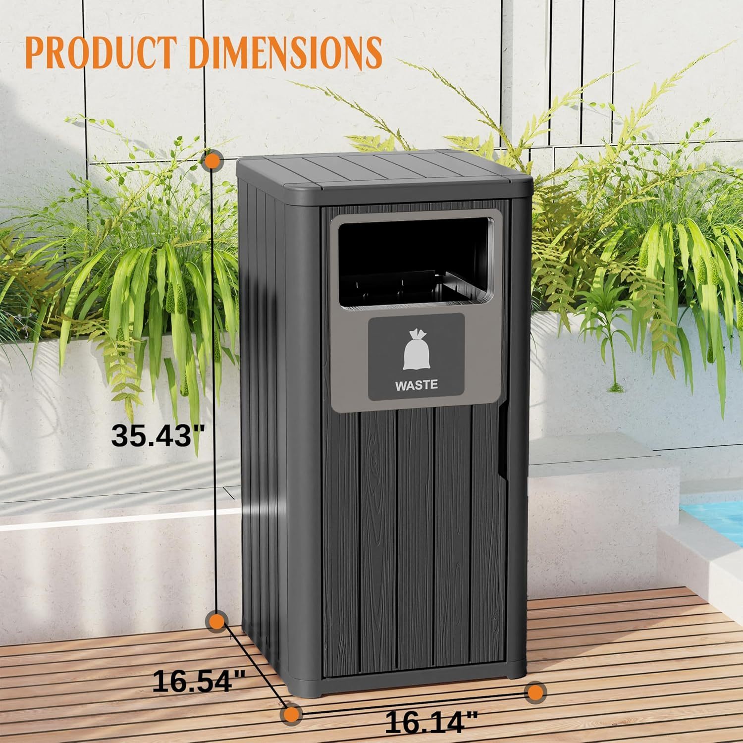 Waterproof Resin Garbage Can with Garbage Labels, Durable Waste Bin for Porch, Backyard, Kitchen, for 30 to 39 Gallon Trash Bags