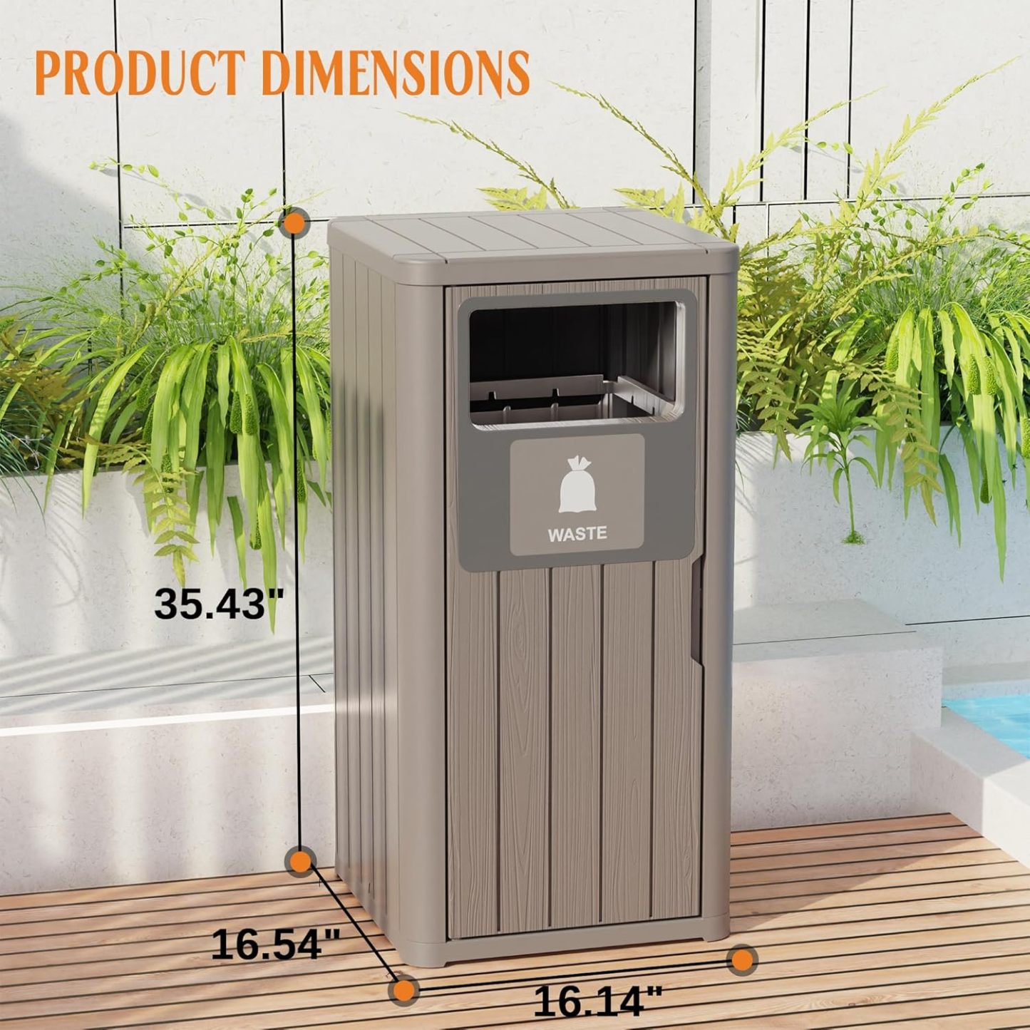 Waterproof Resin Garbage Can with Garbage Labels, Durable Waste Bin for Porch, Backyard, Kitchen, for 30 to 39 Gallon Trash Bags